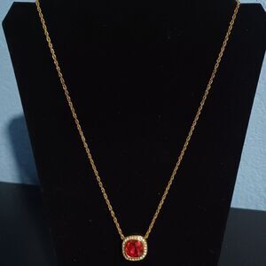 Gold-Toned Red Stone Pendant Necklace, 20"
